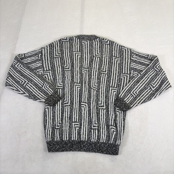 Vintage Jed Medium Geometric 80s Cozy Grandpa Sweater Cardigan Black & White - Picture 8 of 10